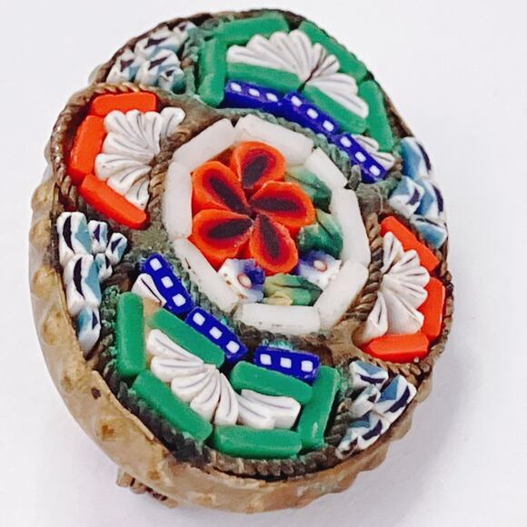 Vintage 1950s Italy Micro Mosaic Glass Floral Oval Brooch Pin Made In Italy MCM - Picture 14 of 14